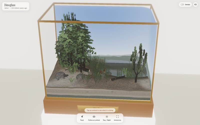 The Dinoglass case: a conifer and ginkgo knoll beside a shallow lake on ash-coloured ground, with hazy hills behind.