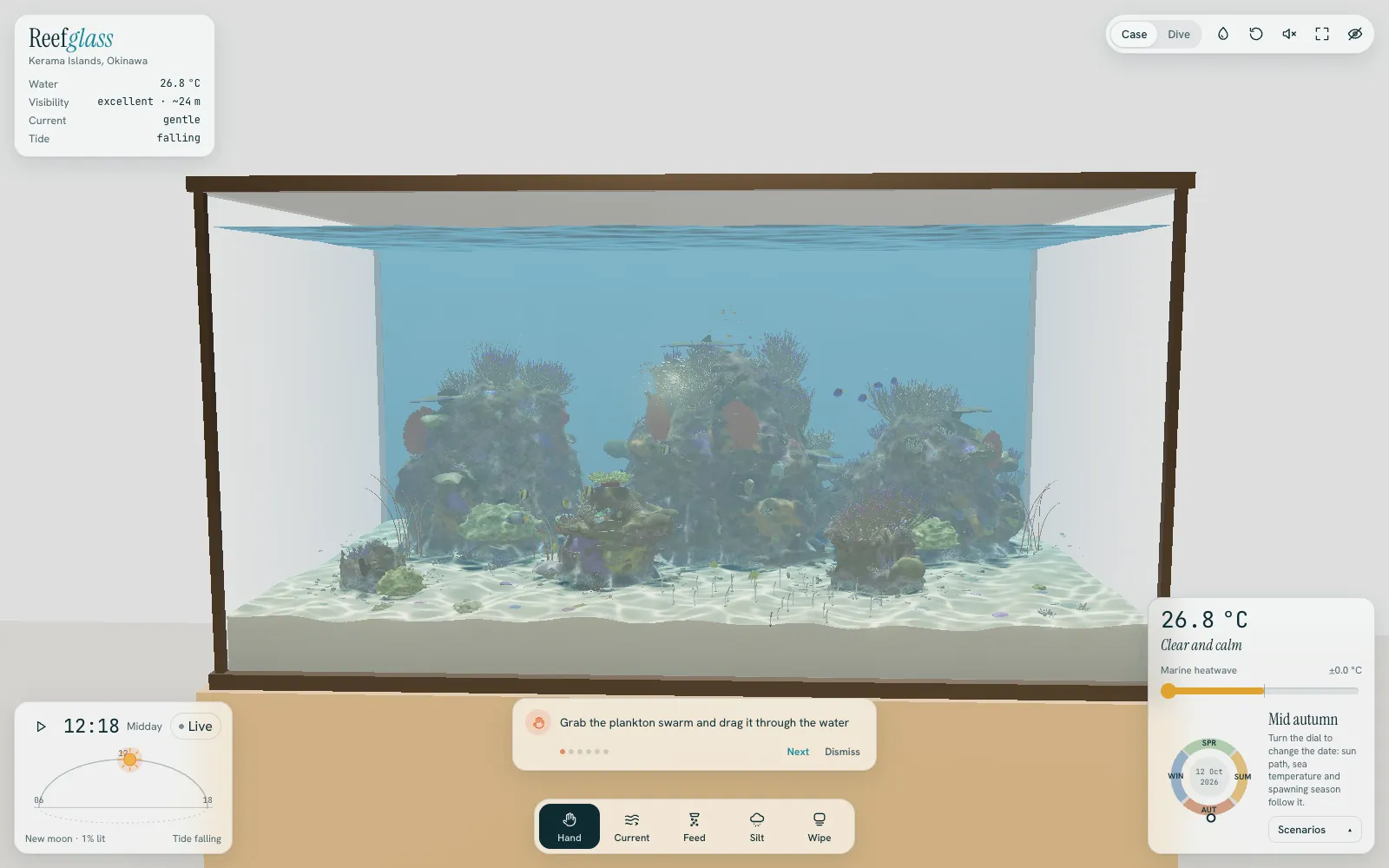 Detail view: the reef in its glass case, with panels for water temperature, visibility, current and tide, a sun-and-moon clock, a season dial and a toolbar of Hand, Current, Feed, Silt and Wipe.